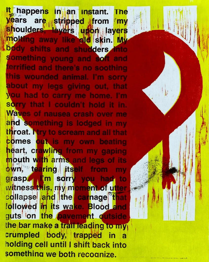 Heartman (2025) 2 layer reduction woodcut and photopolymer relief 11.5x8.5"